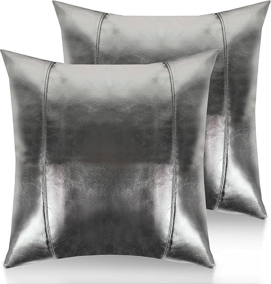 Faux Leather Throw Pillow Covers 18X18 Inch Silve Outdoor Modern Farmhouse Solid Decorative Pillow Covers for Room Couch Living Bedroom Bed Sofa