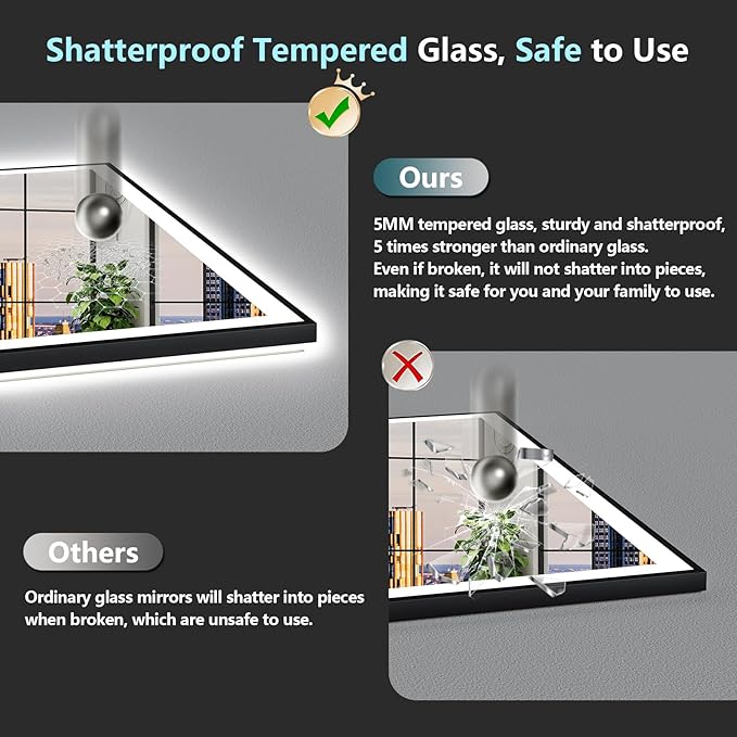 77x36 Black Framed LED Bathroom Mirror with Lights, Backlit and Front Lit, Anti-Fog Lighted Vanity Mirrors for Bathroom Wall, Dimmable, 3-Color Light, Memory, Shatter-Proof, HD Tempered Glass