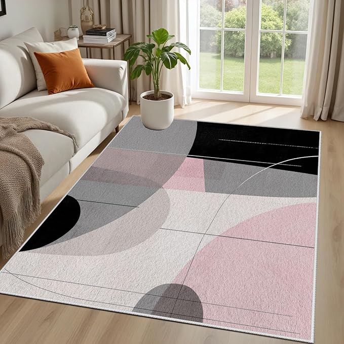Abstract Art Line Living Room Area Rugs 7x10, Modern Boho Geometric Print Rug, Minimalist Washable Non Slip Neutral Soft Carpet for Bedroom, Dining Room Office Playroom, Black Gray