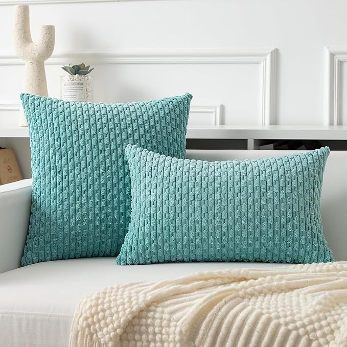 Kevin Textile Throw Pillow Covers Soft Corduroy Decorative Set of 2 Boho Striped Pillow Covers Pillowcases Farmhouse Home Decor for Couch Bed Sofa Living Room 18x18 Inch Aqua Green