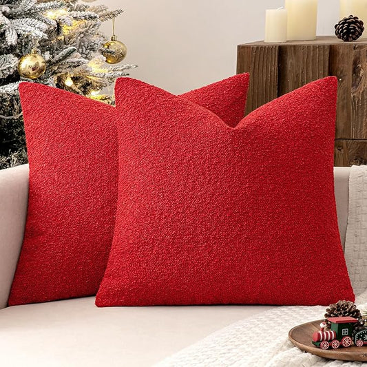 MIULEE 18x18 Inch Christmas Decorative Pillow Covers for Couch Bed Set of 2 Textured Boucle Neutral Winter Throw Pillows Red Accent Solid Cushion Pillowcases Sofa Livingroom Home Decor