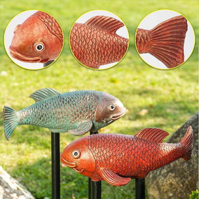 Koi Fish Decor, Set of 2 Antique Koi Garden Statues Art, Pond Accessories, Yard Pond Decor, Large Outdoor Garden Statues Ornaments, Real Fish Sculpture Art (10.8")