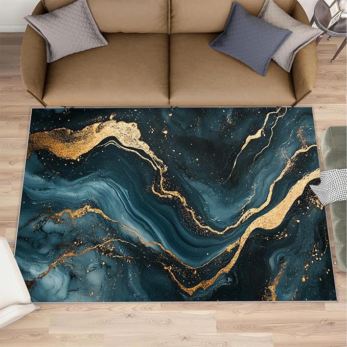 Marble Washable Area Rugs 2x3 Non-Slip Fluid Art Living Room Rug Gold Lines Soft for Carpet Low Pile Indoor Door Mat & Room Decor