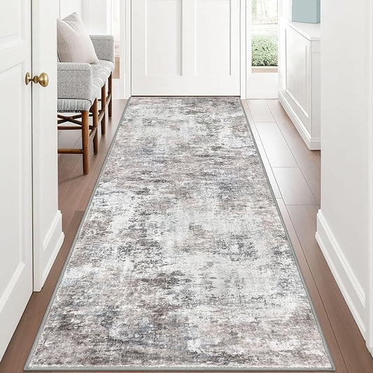 Modern Abstract Hallway Runner Rug, Beige Grey 3x8 Runner Rug, Washable Kitchen Runner Non-Slip Soft Thin Print Faux Wool Carpet for Entryway Bedroom Laundry Room Indoor
