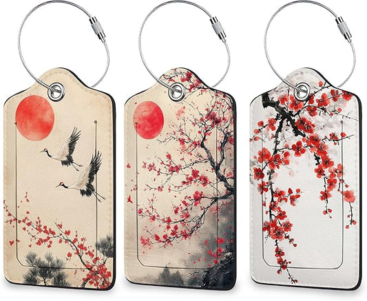 Plum Blossom Luggage Tags for Suitcase 3 Pack, Privacy Cover ID Label with Stainless Steel Loop and Address Card for Travel Bag Suitcase