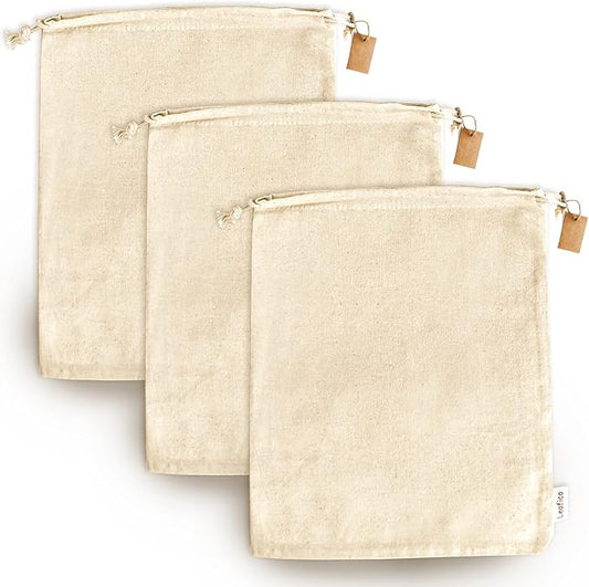 LEAFICO Reusable Produce Storage Bags - XX-Large 19x23 3 Pack - Breathable Muslin Fabric Sacks with Drawstrings – Dust-Proof Travel Cotton Bags for Laundry, Clothes, Purses