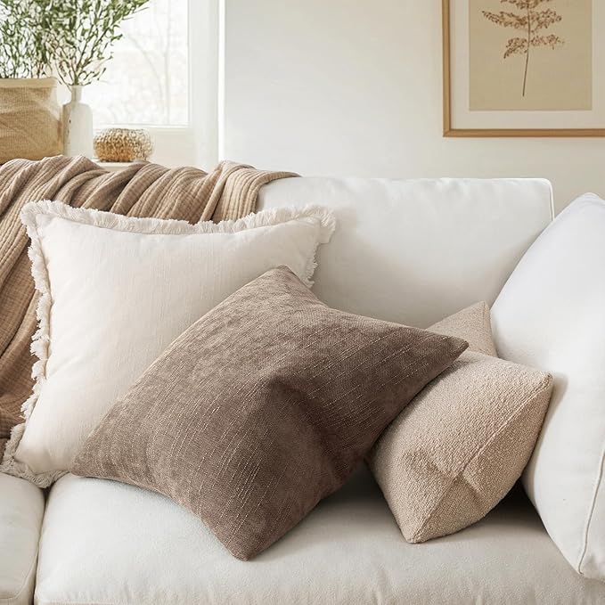 MIULEE 26x26 Inch Euro Sham Chenille Throw Pillows Set of 2 Soft Accent Taupe Grey Neutral Farmhouse Textured Cushion Covers for Bed Sofa Bedroom Living Room