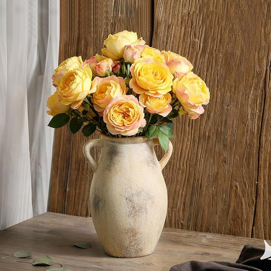 Ceramic Vintage Vase with Handles - 9.05 inch Terracotta Vase - Decorative Tall Pottery vase - Flower Vase for Home Farmhouse Decor, Dining Table, Living Room, Kitchen, Office