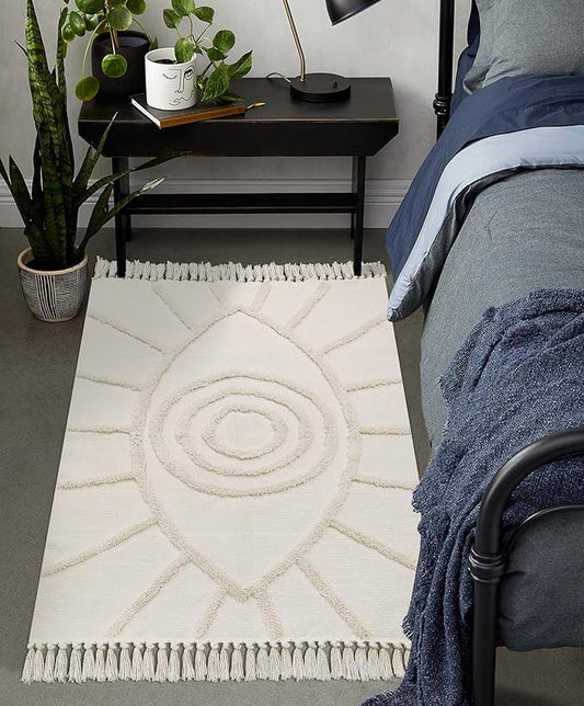 Uphome Boho Area Rug 3'x5' Washable Evil Eye Tufted Bedroom Rug with Tassels Soft Cotton Woven Entryway Rug Modern Minimalist Beige Floor Mats for Home Living Room Kitchen Hallway