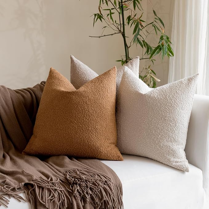 Boucle Decorative Throw Pillow Covers for Couch Set of 2, 16x16 inches, Tobacco