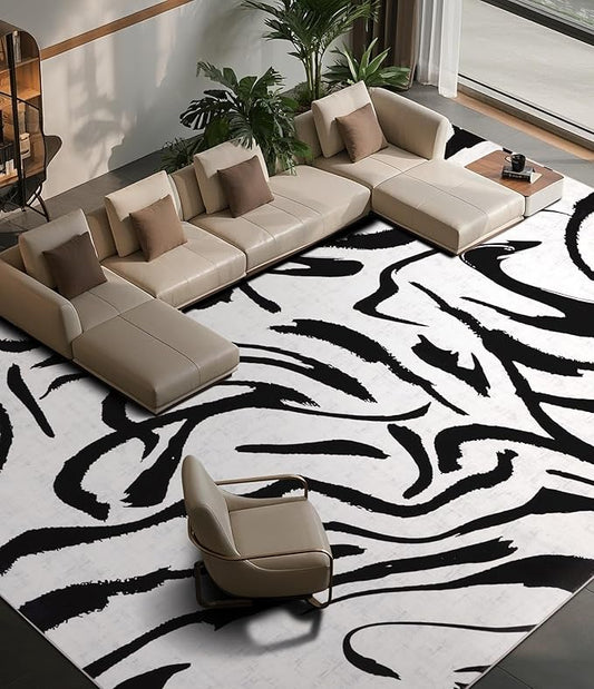 YIHOUSE Modern Area Rugs for Living Room, 9x12 Washable Black and White Rug, Thin Abstract Geometric Striped Rug, Area Rug for Bedroom,Kitchen,Dining Room,Office