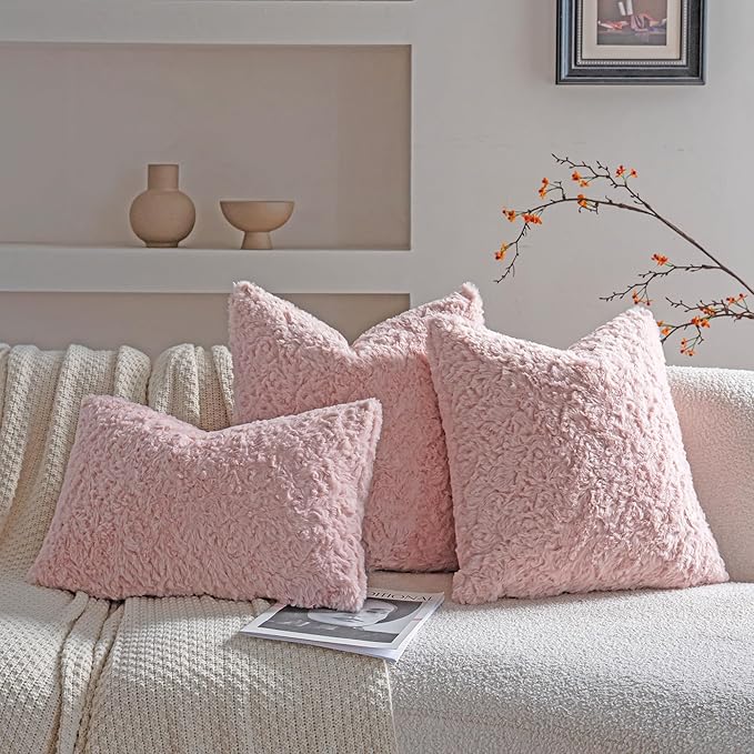 Neelvin Set of 2 Faux Fur Throw Pillow Covers 22x22 Inch Pink Cozy Soft Solid Decorative Pillowcases Thick Plush Sheepskin Cushion Case for Chair and Couch Sofa Bedroom