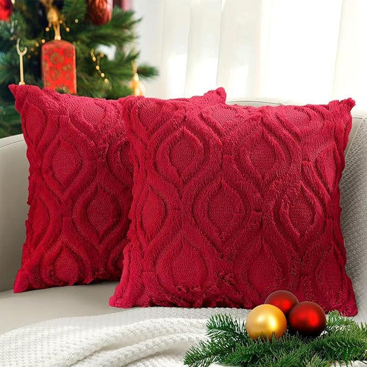 decorUhome Euro Sham Throw Pillow Covers 26x26 Inch Set of 2, Soft Plush Faux Wool Red Solid Couch Pillow Covers, Accent Farmhouse Neutral Square Pillow Cases for Sofa Bed Living Room