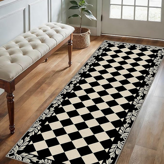 Modern Black White Checkered Pattern Runner Rug, 2.6x7ft, Abstract Neutral Farmhouse Decor Rugs for Living Room, Non-Shedding Low Pile Soft Foldable Carpet for Family Kitchen