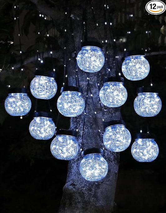 PARTPHONER Solar Lights Outdoor Waterproof 12-Pack, Solar Powered Hanging Lantern Cracked Glass Hanging Globes for Yard Decor Christmas Decoration, Shepherd Hook, Garden Tree Ornaments, Cold White
