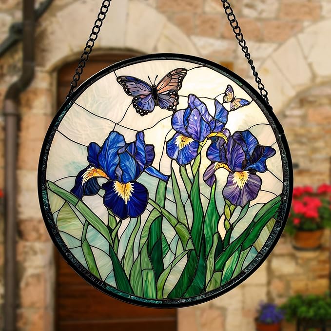 DASTOLL Stained Glass Window Hanging, Blue Purple Butterfly Flower Suncatcher Diamond Colorful Glass Panel Sun Catchers Decor for Birthday for Women, Men, Wife, Aunt, and Mom 7.8 in