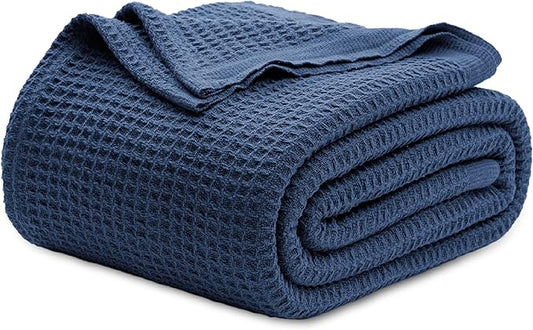 Bedsure Gentlesoft 100% Cotton Blanket Twin XL Size for College Dorm - Breathable and Soft, Waffle Weave Twin Blanket for Summer, Dorm Room Essentials, Navy, 66x90 inches
