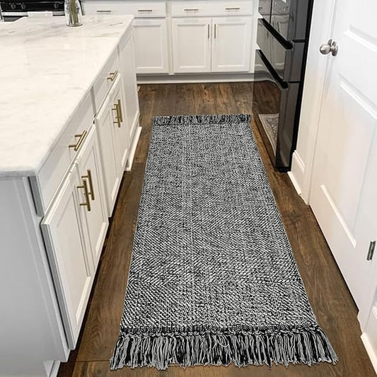 Collive Hallway Runner Rug, 2' x 6' Hand-Woven Reversible Washable , Black Cotton Modern Farmhouse Laundry Room Rug Long Carpet for Bathroom Sink Foyer Bedroom