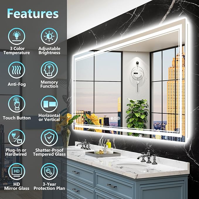 72x40 LED Bathroom Mirror with Lights, Backlit & Front Lit, Anti-Fog Frameless Lighted Vanity Mirrors for Bathroom Wall, Dimmable, 3-Color Light, Memory, Shatter-Proof, Tempered Glass, CRI＞90