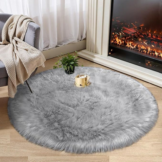 Ciicool Grey Fluffy Round Fur Area Rug for Bedroom, Circle Faux Fur Rugs for Kids Room, Cute Fuzzy Nursery Carpet, Shaggy Circular Rugs Floor Carpets for Teens Girls Rooms Home Decor, 4 x 4 Feet