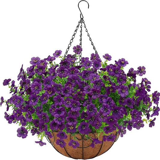 Artificial Fake Hanging Plants Flowers Basket Outdoors Outside Summer Decor, Hanging Planter with Faux Silk Daisy Flower Realistic UV Resistant for Porch Front Patio Balcony Garden Yard Spring（Purple）