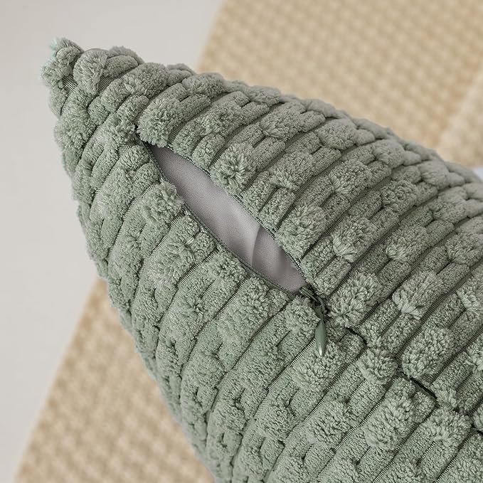 Kevin Textile Throw Pillow Covers Soft Corduroy Decorative Set of 2 Boho Striped Pillow Covers Pillowcases Farmhouse Home Decor for Couch Bed Sofa Living Room 20x20 Inch Greyish Green