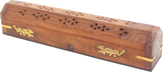 Govinda Wooden Coffin Incense Burner - 12" Dragon - Brass Inlays - Storage Compartment