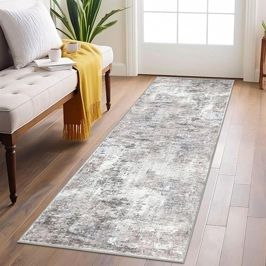 Abstract Runner Rug 2x6 Washable Runners for Hallways, Soft Kitchen Runner Rug Non-Slip, Beige Grey Thin Print Faux Wool Floor Carpet Rug Runner for Entryway Hall Bedroom Laundry Room Indoor