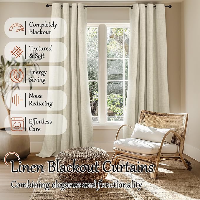 Lajode Cream Blackout Curtains for Living Room 90 Inch Length 2 Panels Set, Thermal Insulated Light Blocking Faux Linen Curtains for Bedroom, Bronze Grommet Boho Window Drape Each 52" Wide