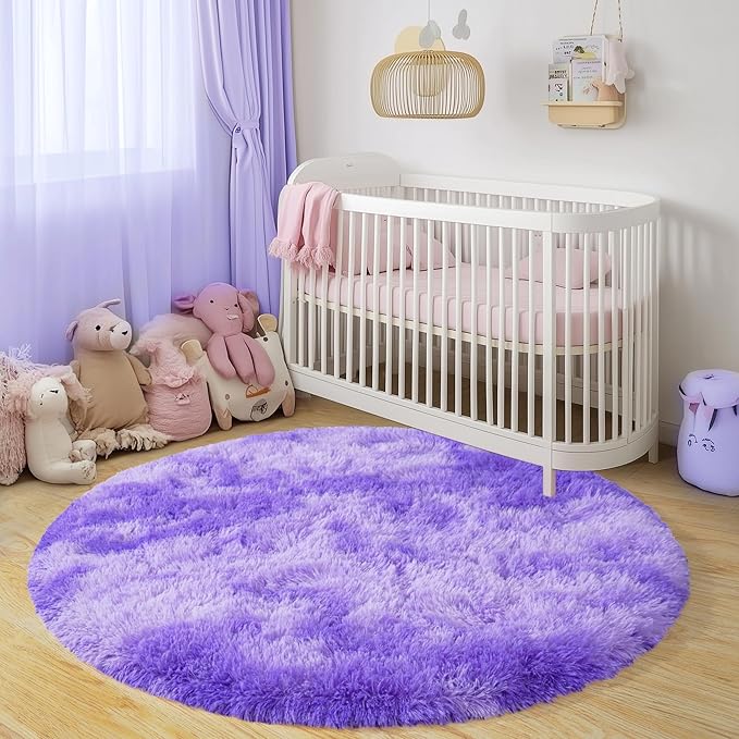 Round Fluffy Rugs 6Ft for Girls Bedroom, Tie-Dyed Purple Shag Circle Kids Rug Non-Slip for Bedside Dorm Nursery Playroom, Soft Cute Area Rugs for Living Room Decor