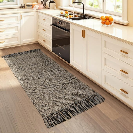 Collive Washable Kitchen Runner Rug, Modern Farmhouse Hand Woven Entryway Rugs Non Slip, Cotton Reversible Bathroom Carpet for Bedroom Hallway Foyer Back Door Decor, Natural/Black 2 x 4.3 ft