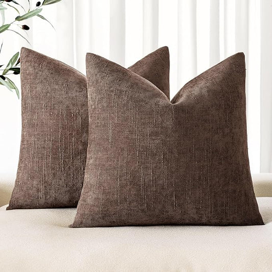 MIULEE Pack of 2 Decorative Throw Pillow Covers Soft Chenille Euro Throw Pillows Solid Textured Cushion Covers for Couch Sofa Bedroom Living Room 24x24 Inch, Chocolate