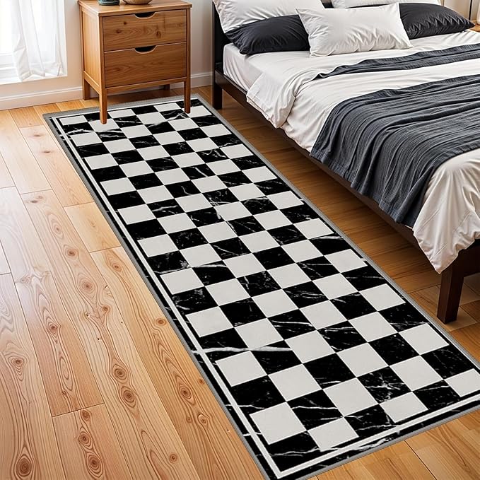 Grey Black Checkered Kitchen Hallway Carpet, 2x8ft, Abstract Black Marble Indoor Decor Washable Rugs, Durable Soft Cozy Non Slip Rug, Breathable Non Shedding Mats for Front Porch