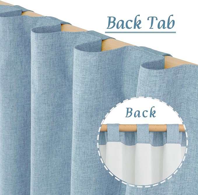 LAMIT 100% Blackout Linen Curtains, 72 Inches Linen Textured Thermal Bedroom Curtains Back Tab and Rod Pocket Neutral Panels with White Liner for Boys' Room, 2 Panels, 52 x 72 Inch, Stone Blue