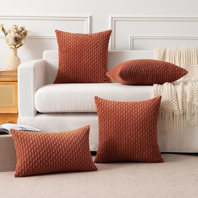 Kevin Textile 2 Packs Fall Boho Decorative Throw Pillow Covers 18x18 Inch for Living Room Couch Bed Sofa Rustic Modern Farmhouse Home Decor Soft Corduroy Square Cushion Case, Rust