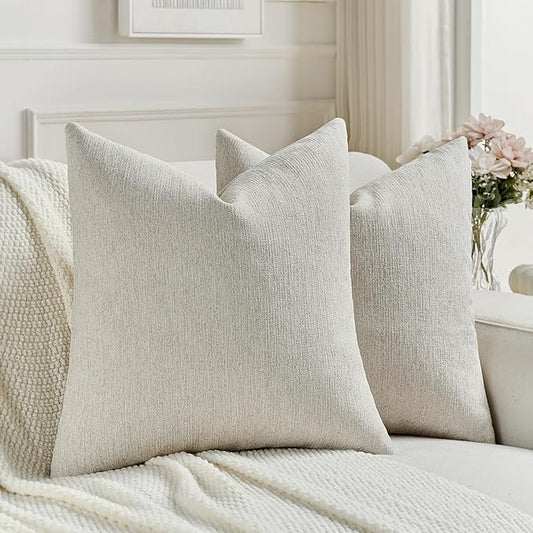 FUTEI Natural White Wood Chenille Decorative Throw Pillow Covers 26x26 Inch Set of 2,Soft Cozy Faux Linen Textured Euro Pillow Shams,Farmhouse Home Decor for Couch Living Room