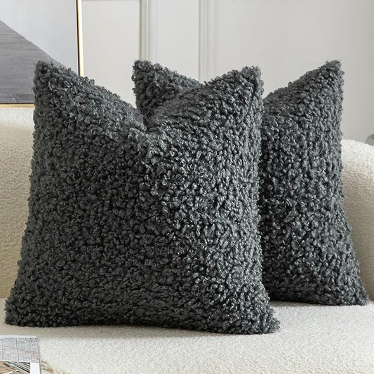 Yaertun Pack of 2 Faux Fur Throw Pillow Covers Decorative Sherpa Boucle Pillow Covers Fuzzy Soft Pillowcases Sheepskin Fleece Cushion Case for Couch Sofa Bed Living Room 16x16 Inch Grey