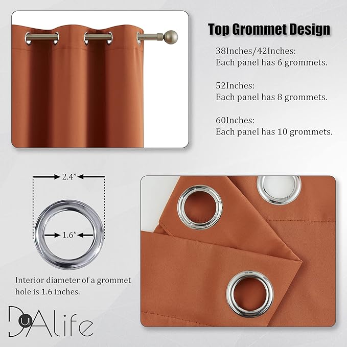 DUALIFE 96 Inch Curtains for Living Room Burnt Orange Rust Curtains for Bedroom Thermal Insulated Grommet Window Treatment Panels 52 x 96 Inch Length