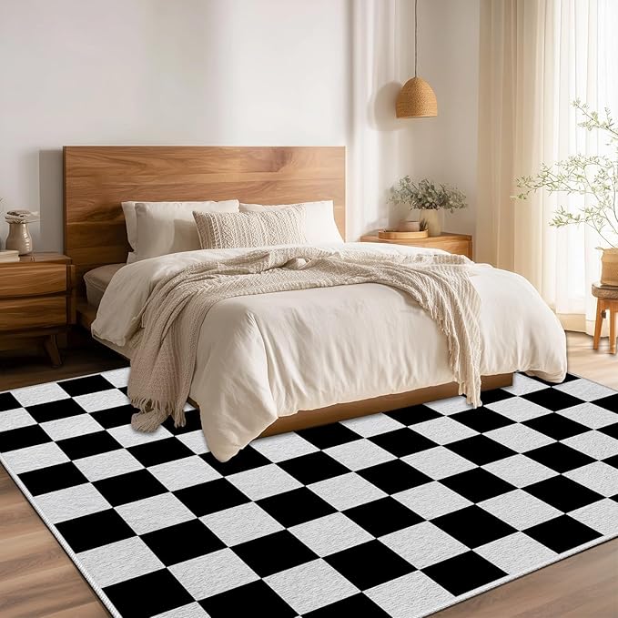 Black and White Checkered Rug for Living Room, 7x10 Area Rugs, Checkered Area Rug, Geometric Plaid Large Rugs, Washable Non Slip Retro Carpet Home Floor Decor