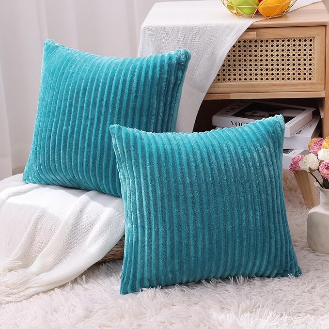Simmore Decorative Spring Throw Pillow Covers 20x20 Set of 2, Soft Natural Plush Flannel Double-Sided Fluffy Couch Pillow Covers for Sofa Living Room, Teal