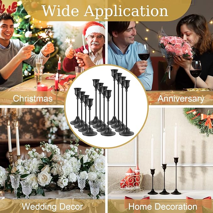Set of 12 Black Taper Candle Holders, Candlesticks Holders Bulk Decorative，Vintage Candlestick Holder Decorative Metal Candle Sticks Home Decor Centerpieces for Table Mantel Festive Decorations
