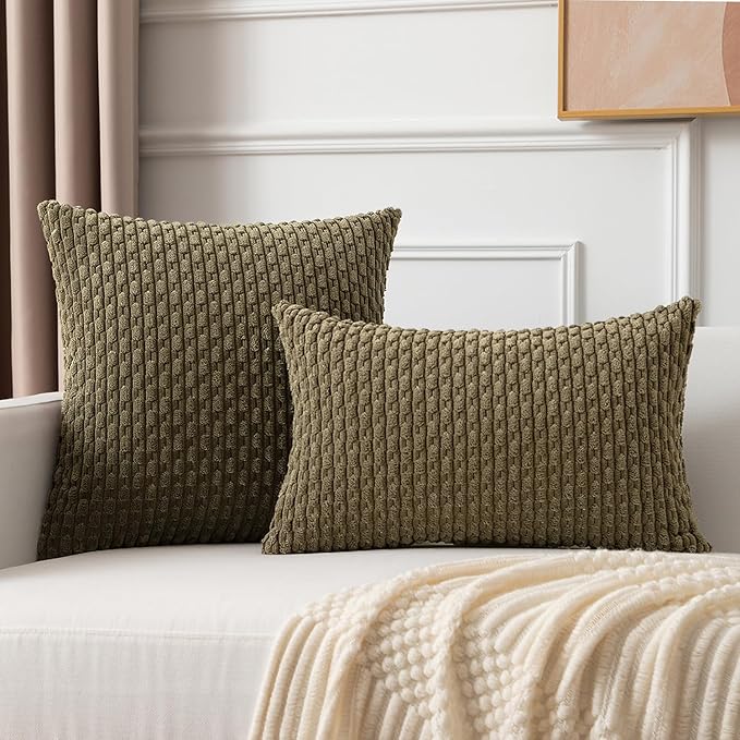 Kevin Textile Pack of 2 Corduroy Decorative Throw Pillow Covers 16x16 Inch Soft Boho Striped Pillow Covers Modern Farmhouse Home Decor for Sofa Living Room Couch Bed Olive Green