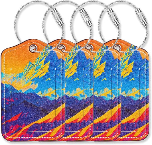 Luggage Tags for Suitcases-Leather Luggage Tag 4 Pack with Loops Cute Bag/Backpack/Suitcase Tags Travel Essentials for Flying (Brick Mountain)