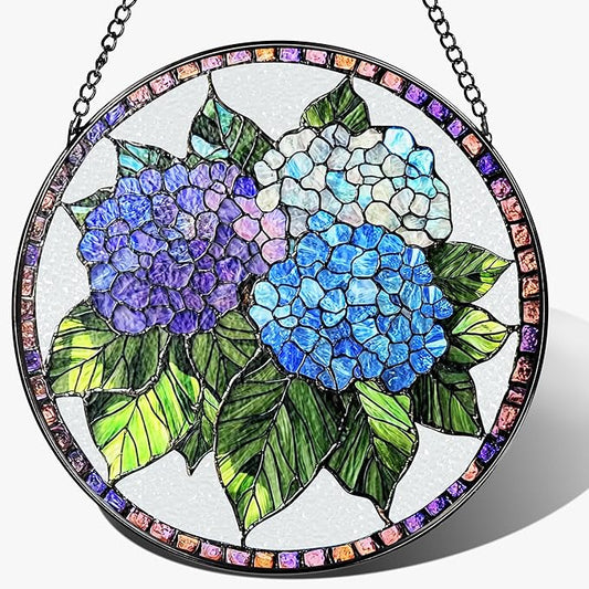 8-Inch Stained Glass Ornament, Stained Glass Window Hanging, Window Hanging Decor Suncatcher, Blue Hydrangea Ornament | Christmas, Mother's Day, Birthday | Gifts for Mom, Garden Gifts for Friends