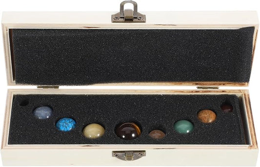 Garneck Mineral Nine Planets Solar System Decor Set with Natural Crystal Spheres, Round Planet Stones Desktop Adornments for Science Education and Home Display in Wooden Box