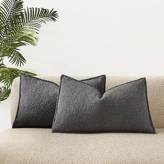 JUSPURBET 12x20 Pillow Covers Set of 2 Decorative Throw Pillow Covers Case for Couch Sofa Bed Soft Boucle Textured Lumbar Cushion Covers with Hidden Zipper for Home Decor Living Room,Dark Grey