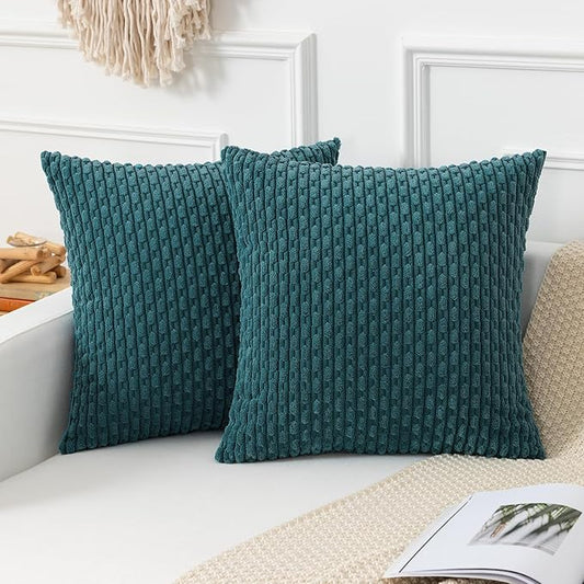 Kevin Textile Euro Sham Pillow Covers 28x28 Inch 2 Packs Soft Boho Striped Corduroy Decorative Throw Pillows for Living Room Couch Bed Sofa Rustic Farmhouse Home Decor 71x71cm Teal Blue