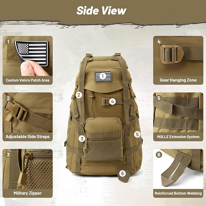 AUMENTAR 50L Tactical Backpack for Men and Women, Water-Resistant Molle Rucksack, Large Military Assault Pack for Hiking, Hunting, Camping, Gym & Outdoor Survival Khaki
