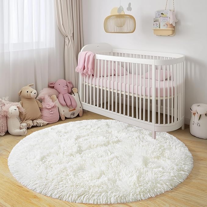 Round Fluffy Rugs 7Ft for Girls Bedroom, Cream White Shag Circle Kids Rug Non-Slip for Bedside Dorm Nursery Playroom, Soft Cute Area Rugs for Living Room Decor