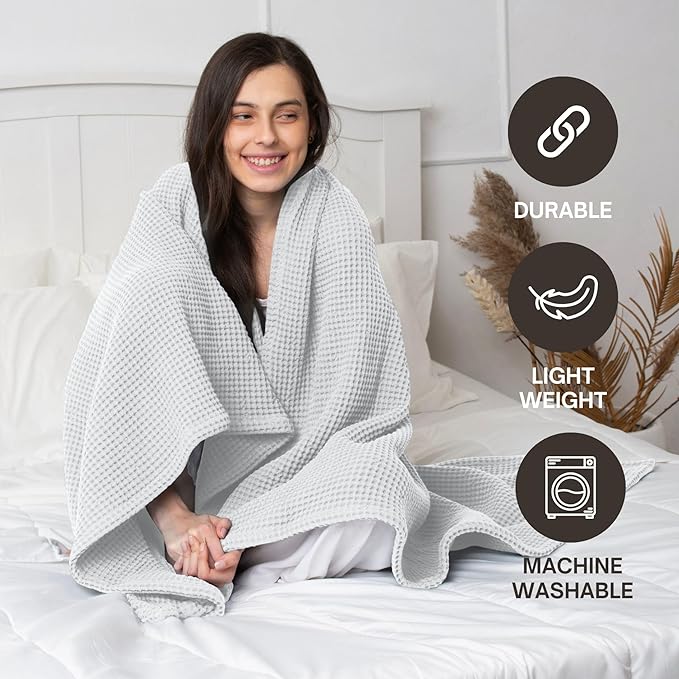 100% Cotton Waffle Blankets for Bed - Queen (90" x 90") Lightweight, Breathable and Soft, Waffle Weave Blanket for All-Season - Summer, Spring, Winter (White)